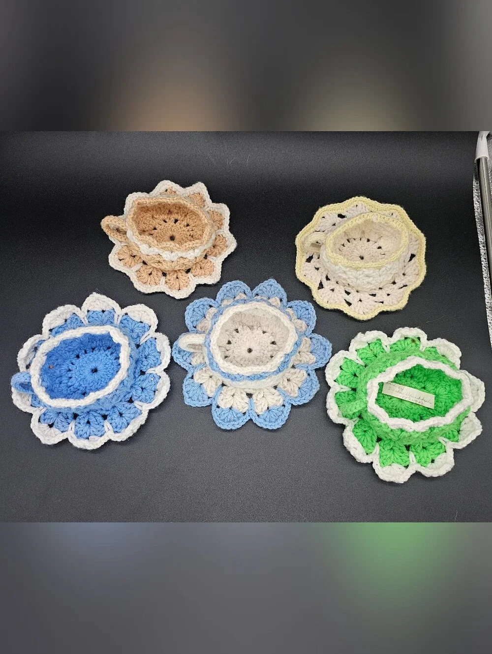 Vintage Handmade Crochet Teacup Coaster Set - Assorted Colors